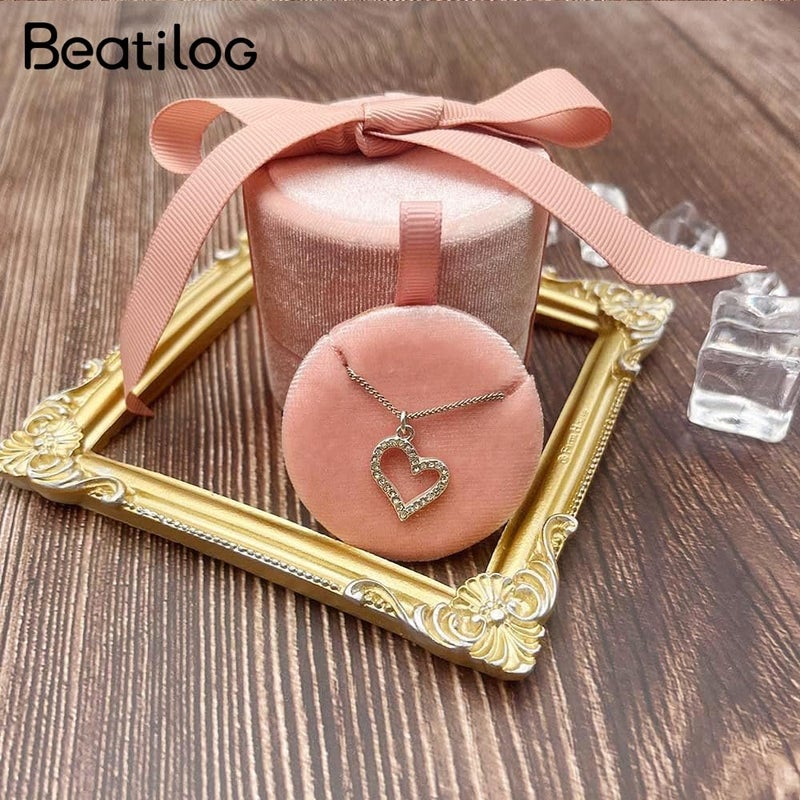 Beatilog Small Necklace Gift Box - Velvet Pendant Case Portable Round Jewelry Storage with Elegant Ribbon Bow for Birthday, Mothers Day, Christmas, Wedding, Anniversary ï¼ˆPinkï¼‰ - Image 4